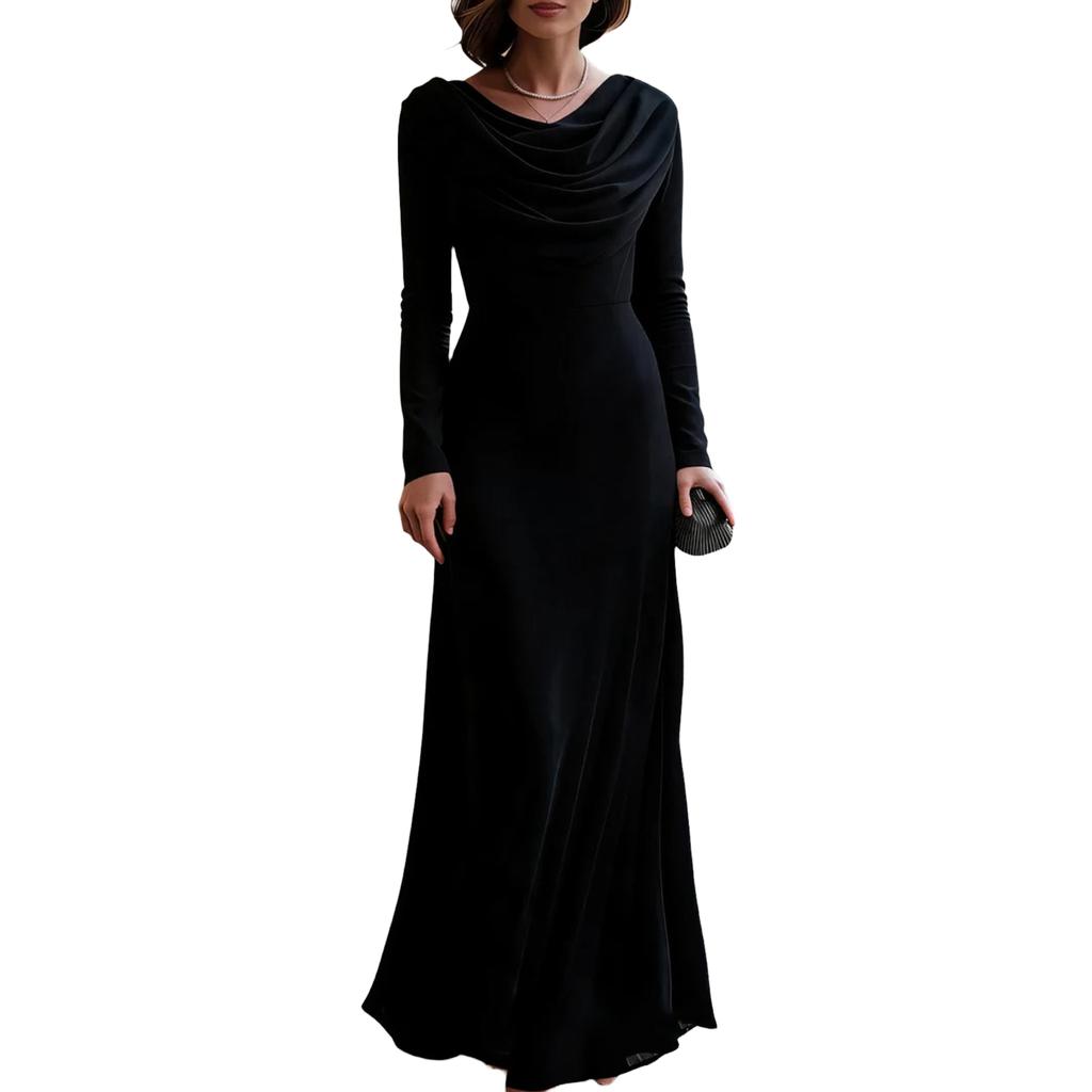 Damen Maxikleid mit langen Ärmeln und Schalkragen für formelle Abendbankette & Party-Garderobe