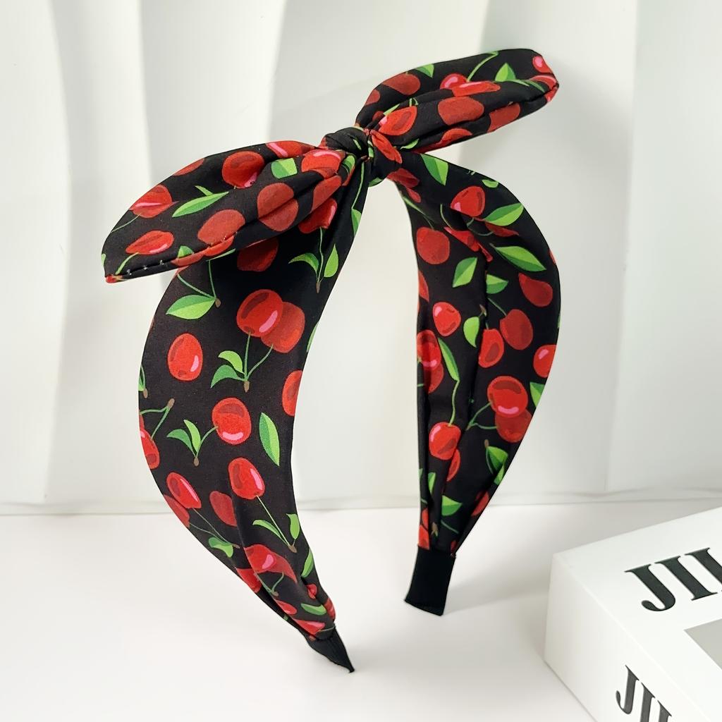 1/2pcs Elegant Sweet Multicolor Cherry Printed Wide Edge Tied Rabbit Ear Hairbands Hair Styling Tools for Volume Part Management
