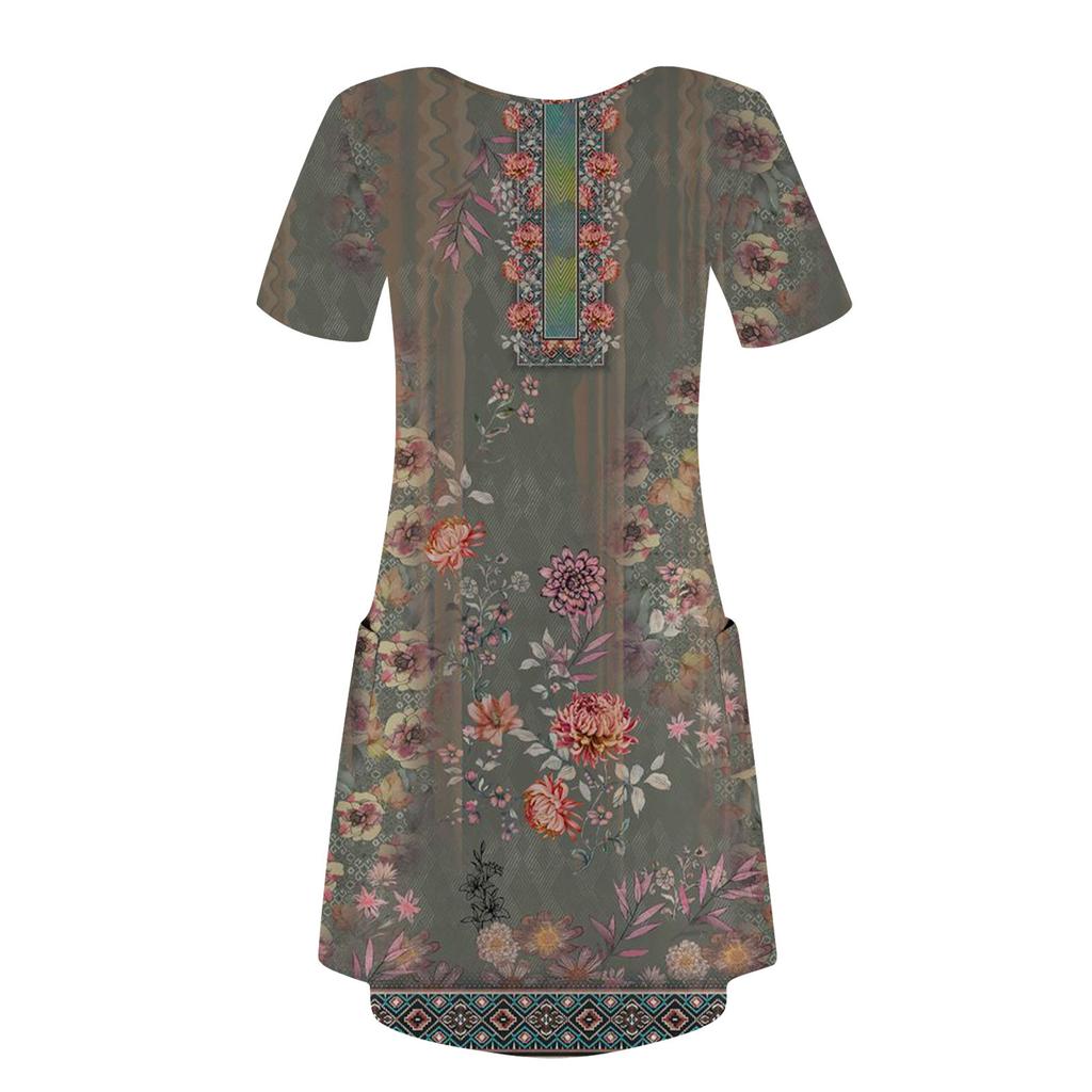 Damenmode Lässig Bedruckt Mit Taschen Böhmisches Strandkleid Mit V-Ausschnitt Kurzarm