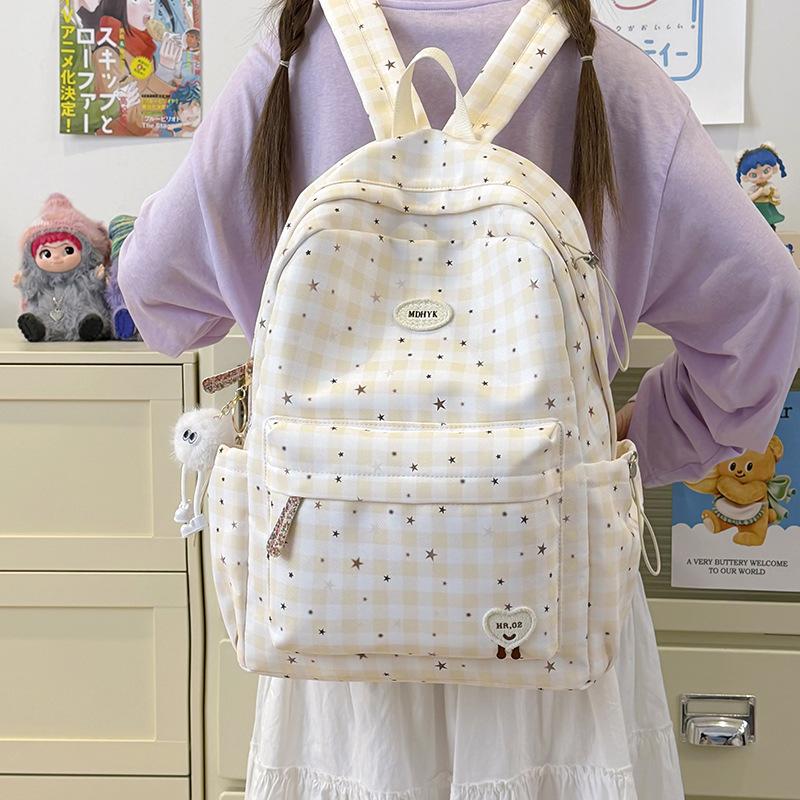 Schoolbag Plaid Backpack Female Middle and High School Students Simple Versatile Fashion Book Cute Stars Lightweight Travel Backpack