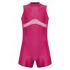 Mens Oil Shiny Bodysuit Sheer Mesh Patchwork Mock Neck Sleeveless Back Zipper Boxer Bottom One Piece Sportswear