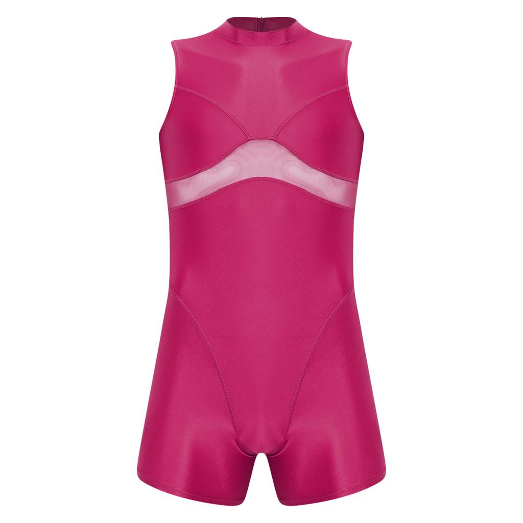 Mens Oil Shiny Bodysuit Sheer Mesh Patchwork Mock Neck Sleeveless Back Zipper Boxer Bottom One Piece Sportswear