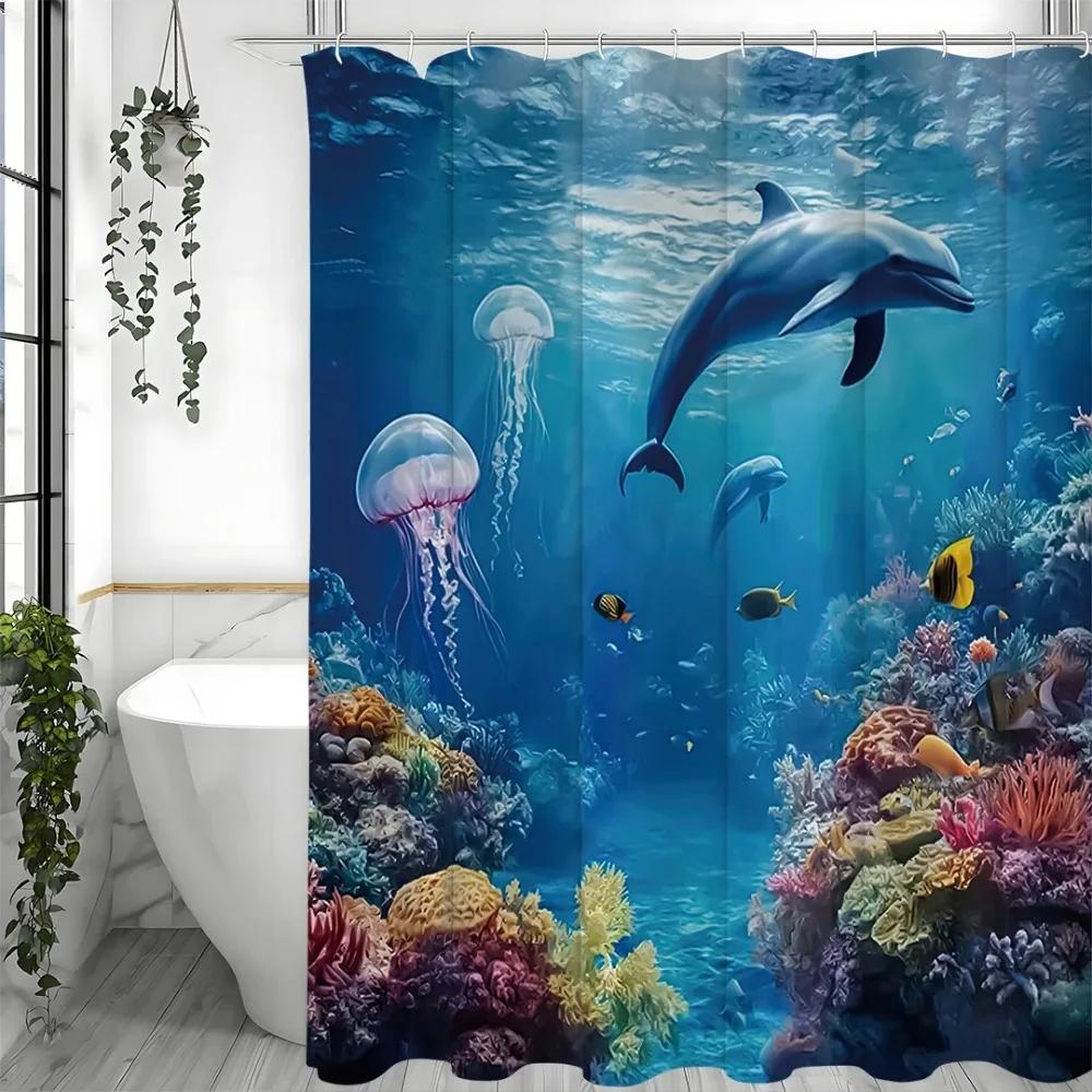 Underwater World Ocean Dolphin Jellyfish Shower Curtain, Bathroom Decorative Shower Curtain, Waterproof Shower Curtain With Hook W60H190(CM)-1 Pcs