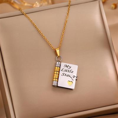 Openable Love Letter Pendant Necklace: Non-fading Titanium Steel Choker for Women with Engraved Book Design.