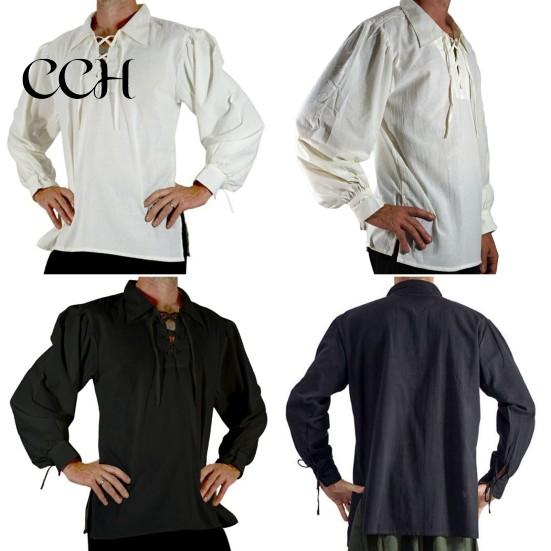 Loose Fit Pullover Shirt Adult Men Medieval Renaissance Cosplay Lapel Long Sleeve Lace-up Tops Solid Color