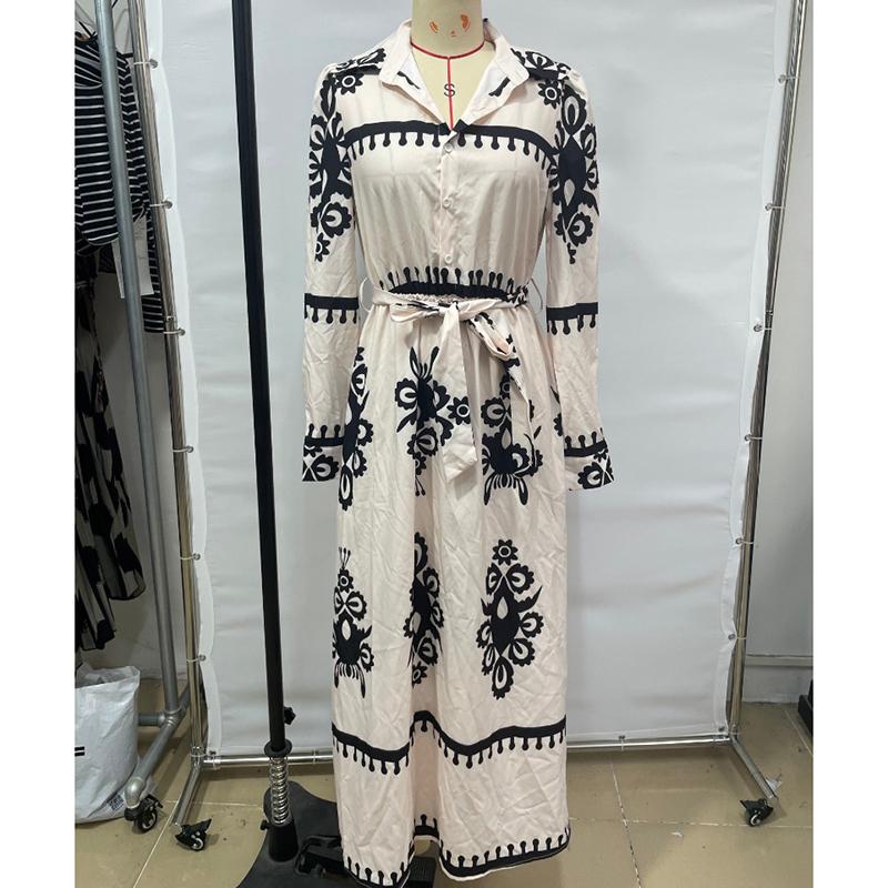 Mote Vintage Langermet Løse Hverdagskjoler Dame Knapper Revers A-linje Trykket Skjortekjole Dame Høy midje Snøring Lang Kjole Vår Ny 25892