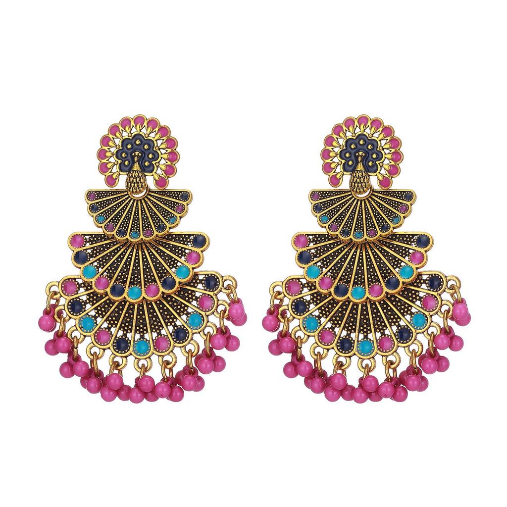 Indian Style Colorful Peacock Beaded Tassel Earrings - Bohemian Fashion