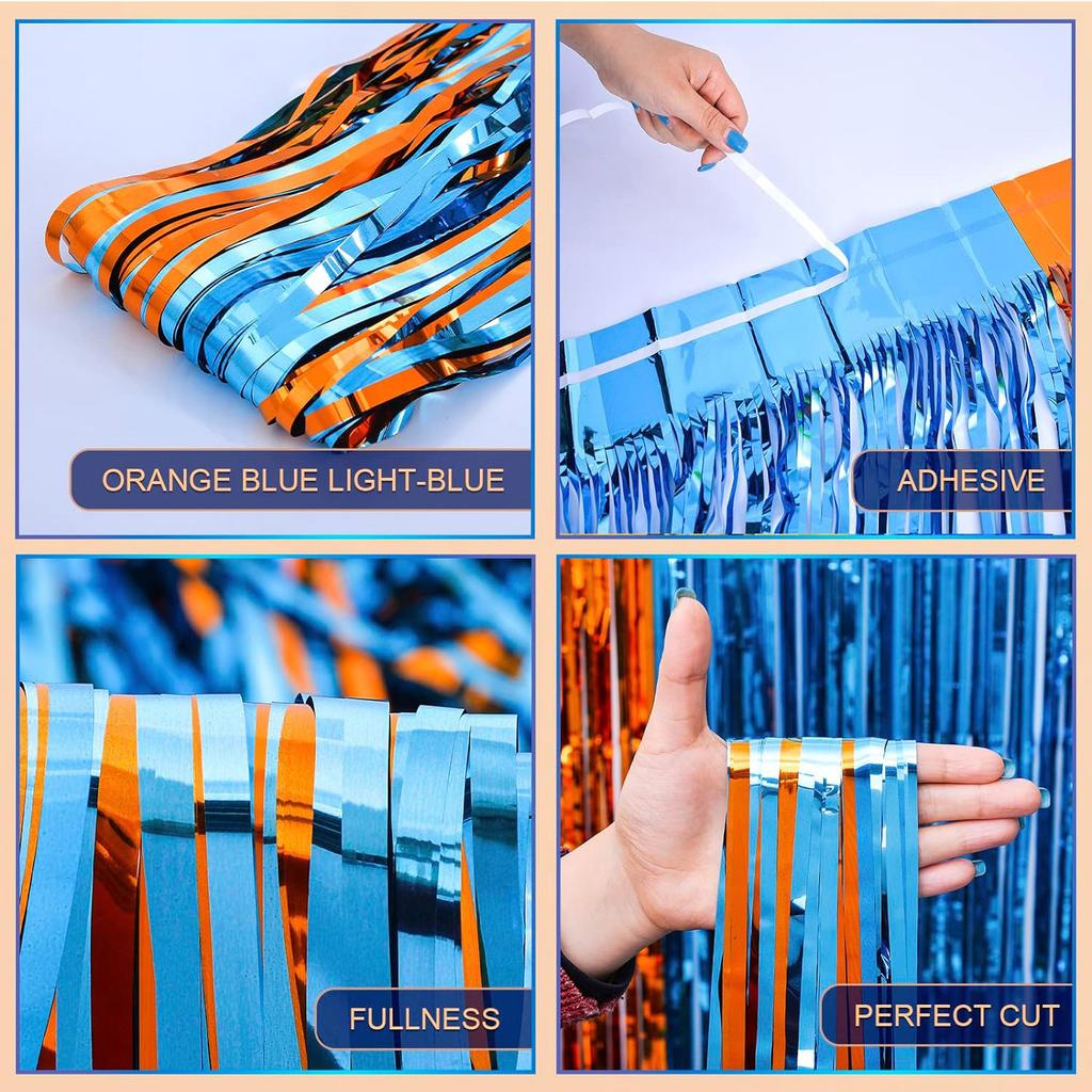 2Pack Blue Dog Foil Fringe Curtains Birthday Party Supplies 3.3x6.6ft Orange Blue Light Blue Tinsel Photo Booth Party Decoration