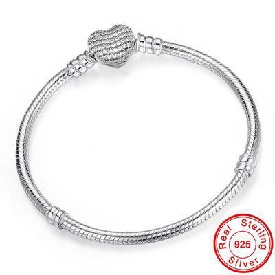 Feines DIY-Armband aus 100 % 925er-Sterlingsilber, Herzverschluss, Schlangenkette, passend für Perlenarmband-Schmuck