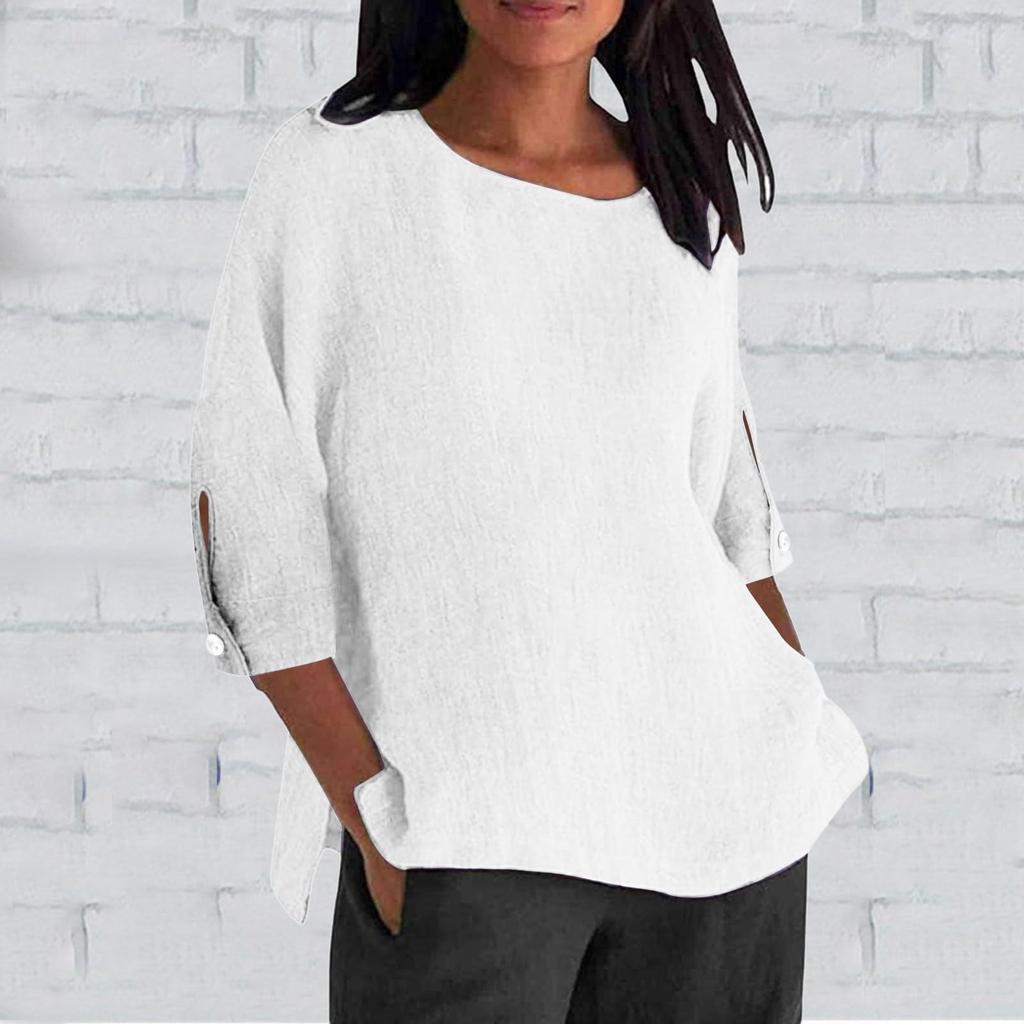 Women's Fashion Seven-Quarter Sleeve Round Neck Solid Color Loose Casual Shirt Tops