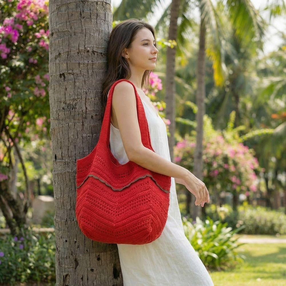 Korean Style Hollow Out Knitted Weave Bag Solid Color Knitted Shoulder Bag Crochet Tote Bag  Daily