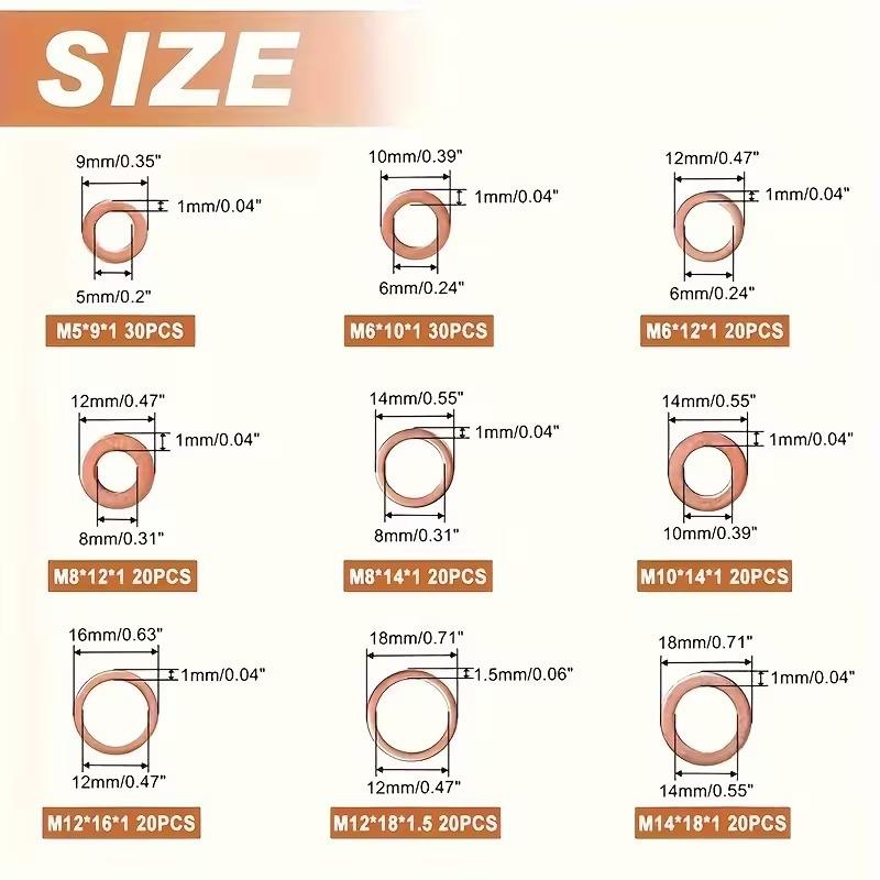 Red Copper Washer Set: 100/200pcs M5-M14 Sealing Gasket Repair Toolbox