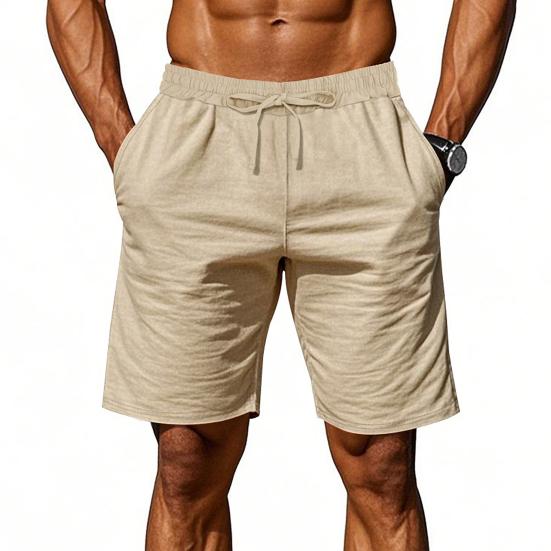 Men Summer Beach Shorts with Pockets Drawstring Elastic Waist Solid Color Versatile Casual Shorts for Daily Wear