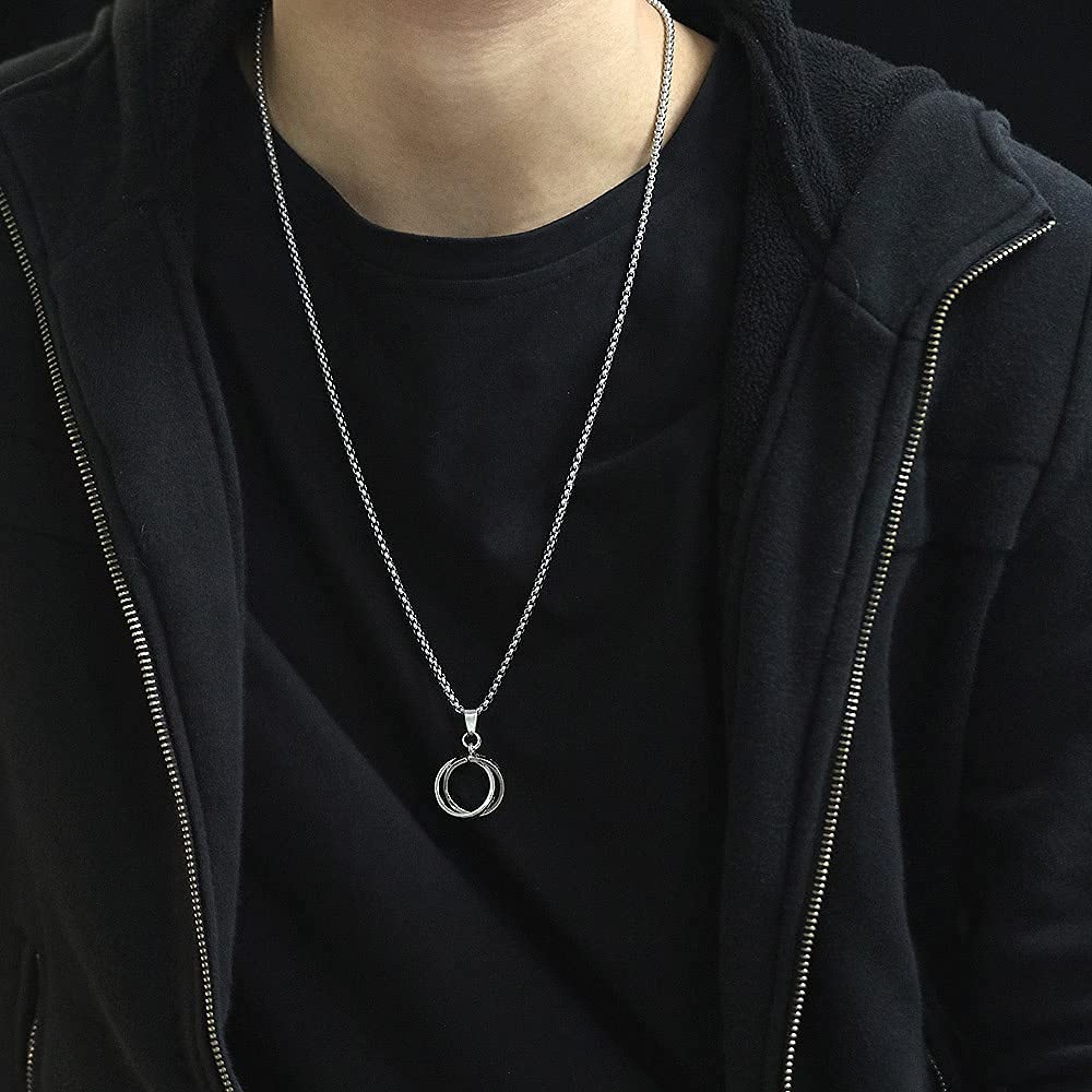 [Rockyu] Necklace for Men and Women, Unisex, Silver Stainless Steel, Simple, Clavicle Chain, Round Ring Necklace, Roman Numeral Engraving, Double Ring