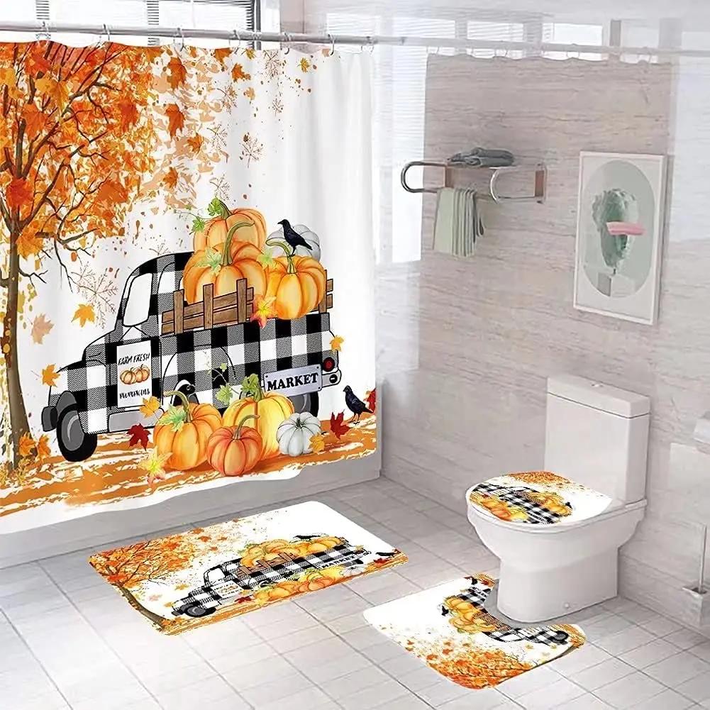 Shower Curtain Set Thanksgiving Pumpkins Fall Leaves November Season With Non-Slip Rugs Toilet Lid Cover Bath Mat Bathroom Set