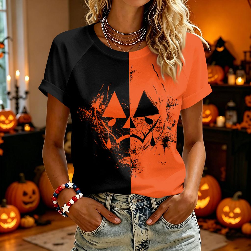 Women's Casual Halloween Graphic Short Sleeve T-Shirt Split Design Comfortable Fit Lightweight Top