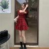 Women Red Plaid A‑Line Dress Square Neck Puff Sleeve Sweet French Short Dress For Summer Petite Ladies