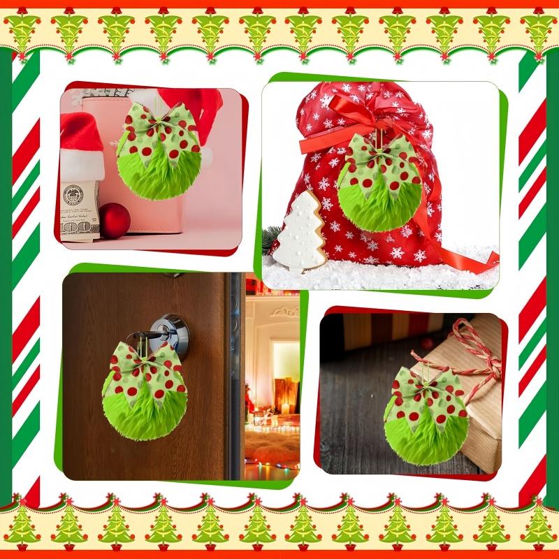 1-12PCS Green Furry Christmas Ball Ornaments with Bow for Tree Christmas Hanging Decor Soft Faux Fur Pom Ball Home Party Supply