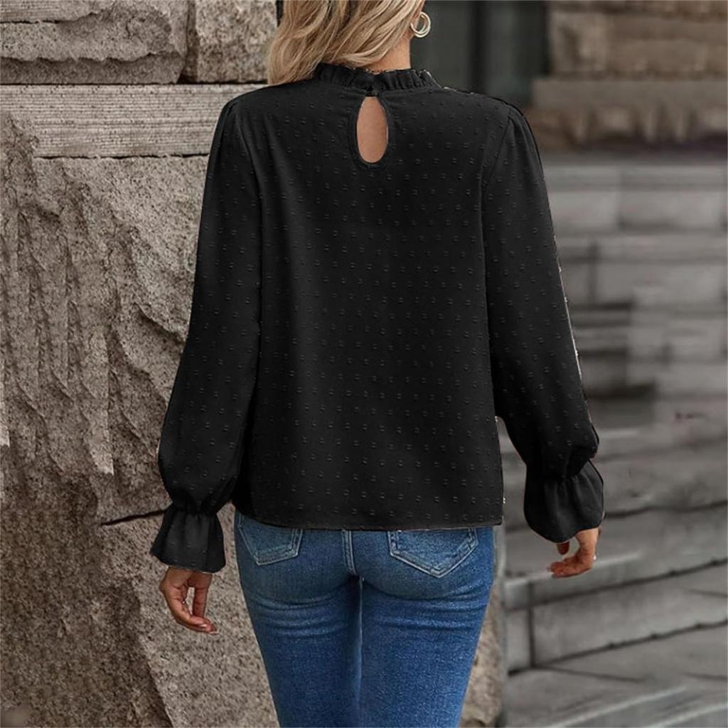 Women's Fashion Casual Dot Pleated Round Neck Ruffled Long Sleeve Solid Color Top