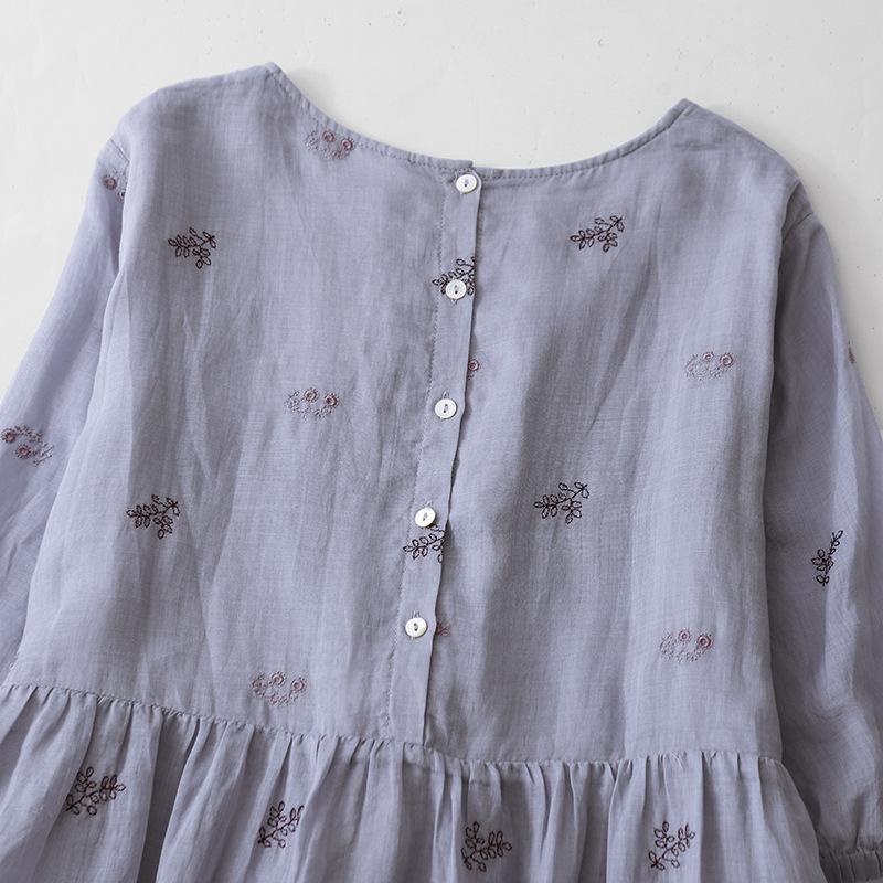 2025 summer new loose large size big swing dress children embroidered round neck seven-quarter sleeve cotton and linen dress