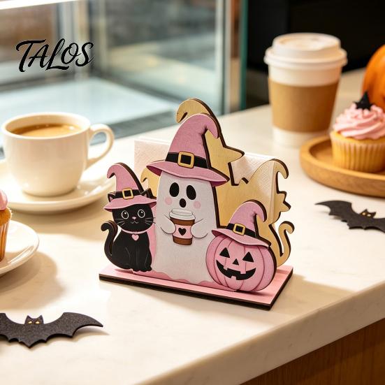 Macaron Color Halloween Decor Wooden Napkin Holder, Cute Pastel Pumpkin Ghost Black Cat Tabletop Tissue Dispenser, BOO Letter Organizer Waterproof
