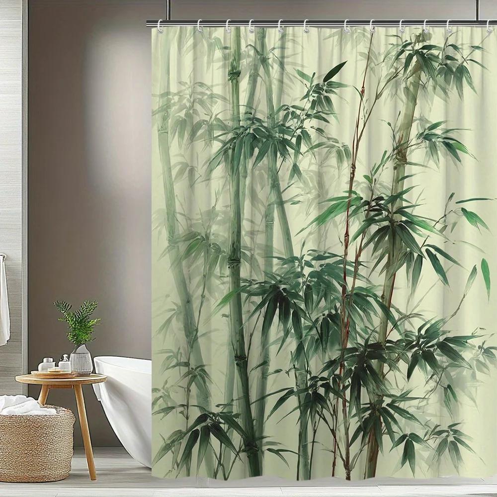 1Pc Bamboo Shower Curtain, Fresh Natural Bamboo Forest Bathroom Decor, Polyester Fabric With 12 Hooks, 70. 8X70. 8 Inches