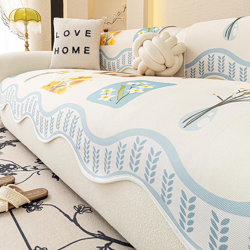 

New Cool Doudou Summer Ice Silk Sofa Cushion Straight Row Anti-Cat Scratch Sofa Cover Fixed Non-Slip Sofa Seat Cushion 70*70cm