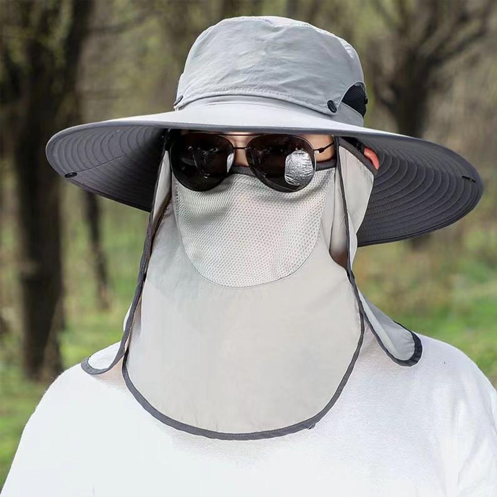 Men's Outdoor Sun Protection Hat Removable Face Cover Breathable Fishing Bucket Hat Wide Brim Labor Sunshade Cap for Hiking Camping