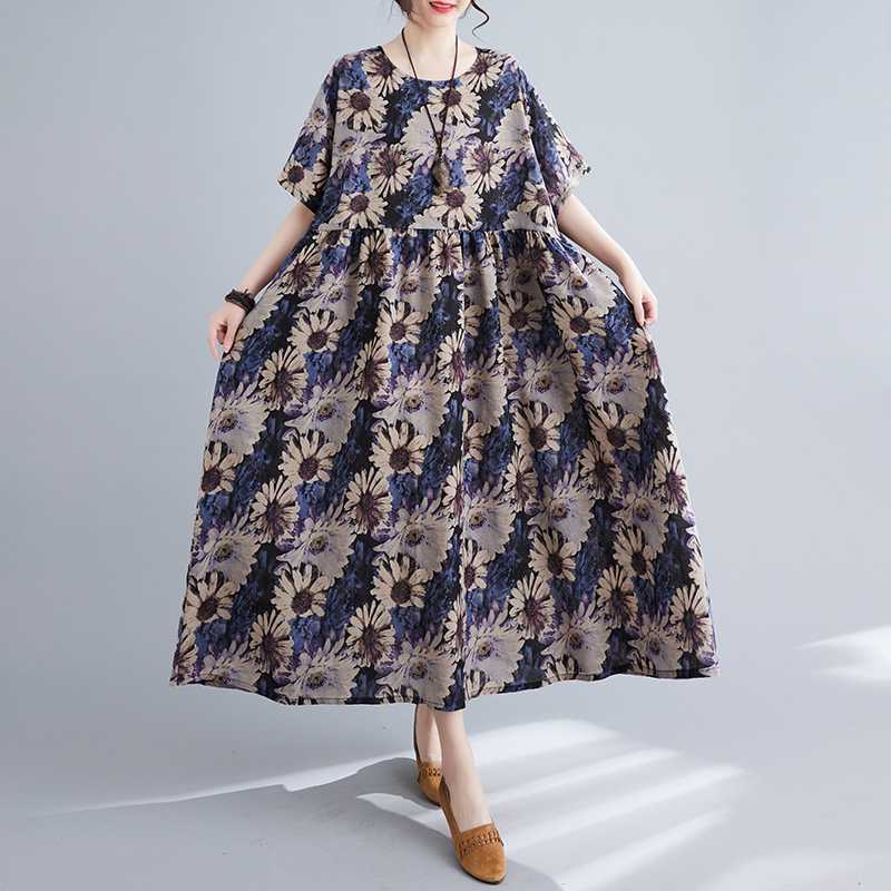 Loose and Fashionable Printed Cotton Linen Short Sleeved Casual Dress
