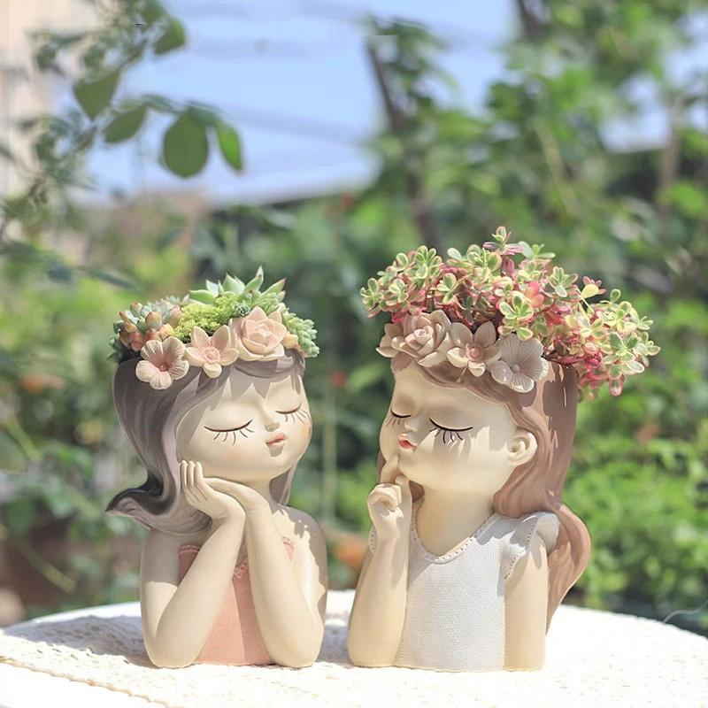 1/4Pcs Cute Fairy Flower Pot Resin Figure Planter Flower Pot For Plant Resin Ornament For Desktop Home Office Decor
