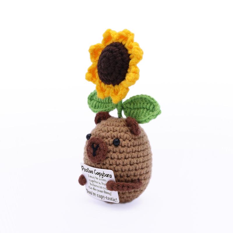Funny Positive Crochet Cat Flower Doll Desktop Ornament Handmade Cheer Emotional Support Positive Cat With Card Home Party Decor