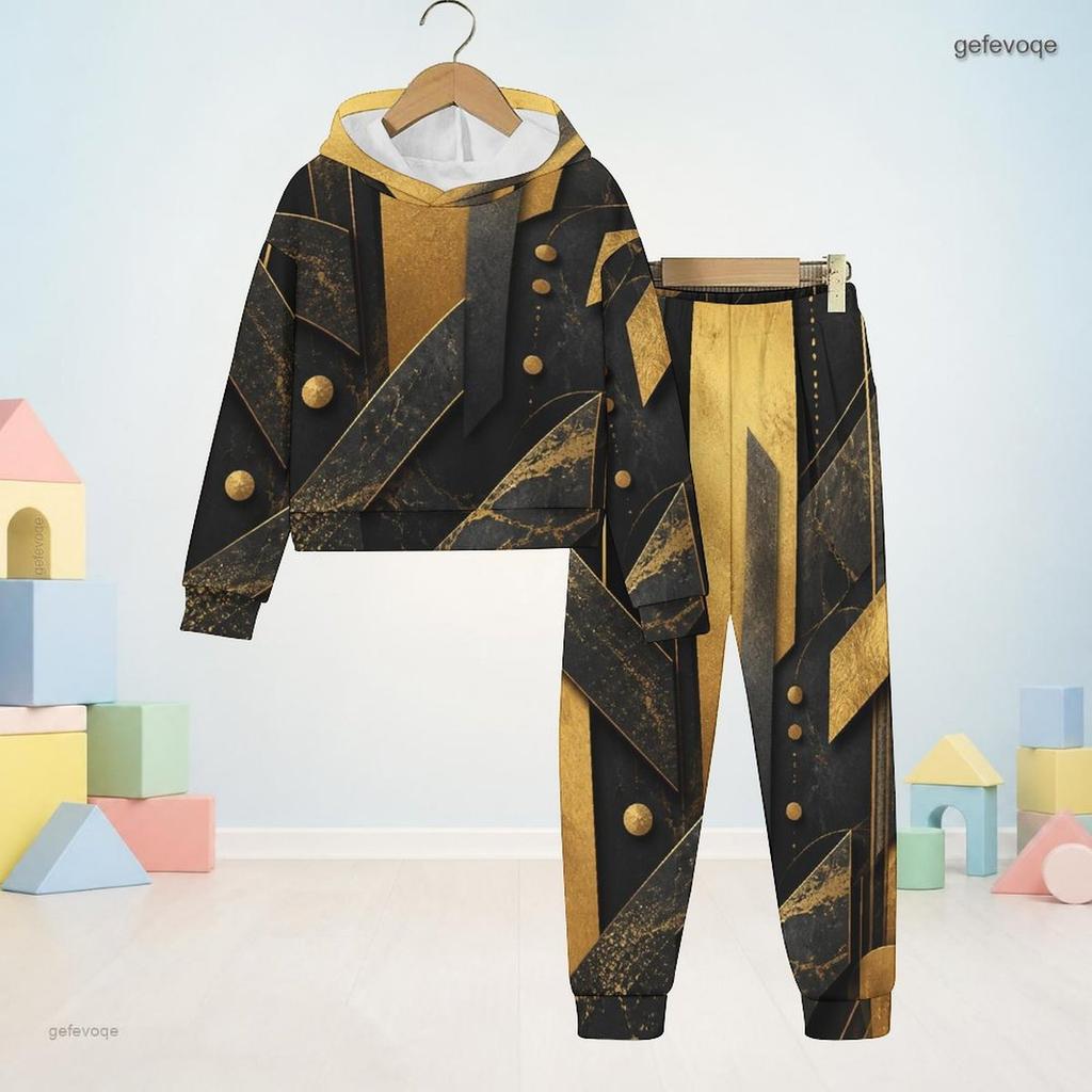 Kids Boys Girls Hooded Long Sleeve Printed Two Piece Set Black Gold Sweatshirt Cuffed Pants