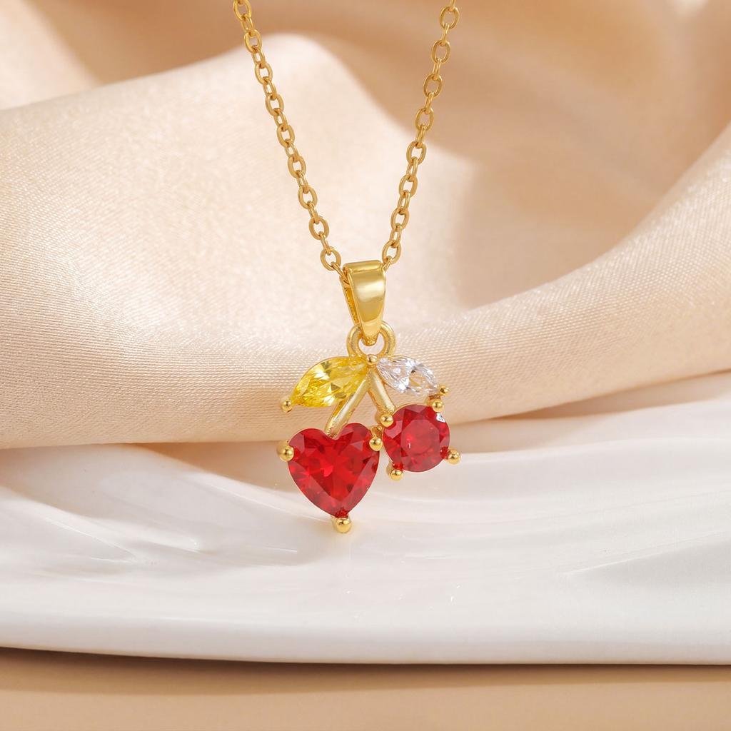 Cherry Fruit Necklace - A Simple and Versatile Summer Accessory for Women, Featuring A Lockbone Chain with A Charming Cherry Fruit Design.