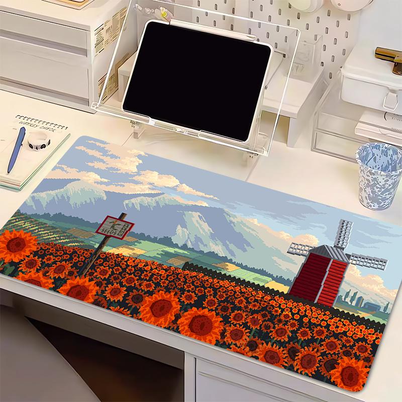 Sunflower Mousepad Computer Gamer Lock Edge Anime Scenery Desk Mat Pixel Art Landscape Keyboard Mouse Pad Natural Rubber Carpet
