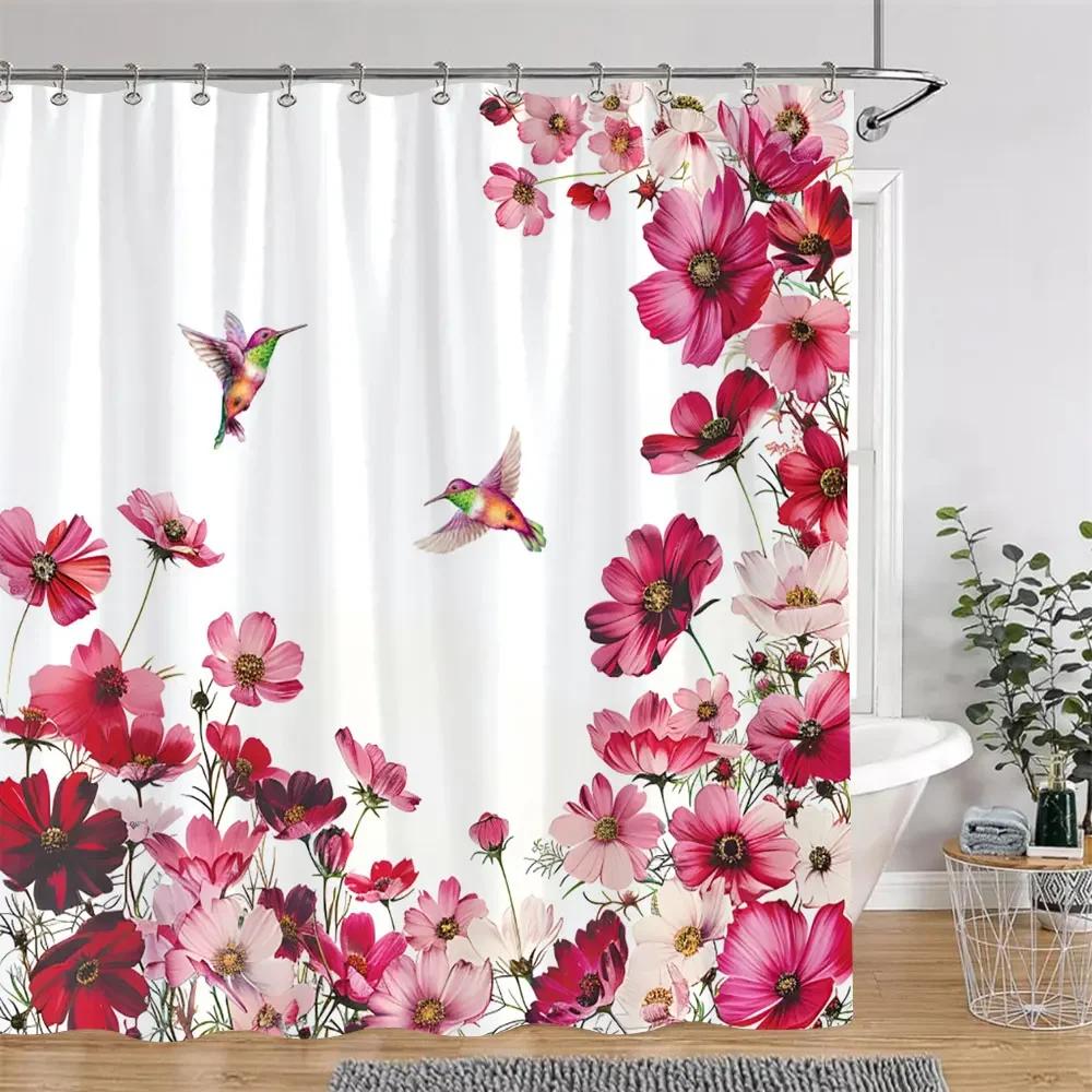 Watercolour Floral Print Shower Curtain Gorgeous Floral Rustic Flower Polyester Fabric Shower Curtains Bathroom Decor with Hooks