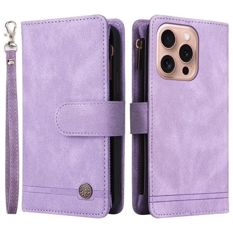 

For iPhone 16 Pro Case Leather Folio Wallet Phone Cover with Stand Zipper Pocket