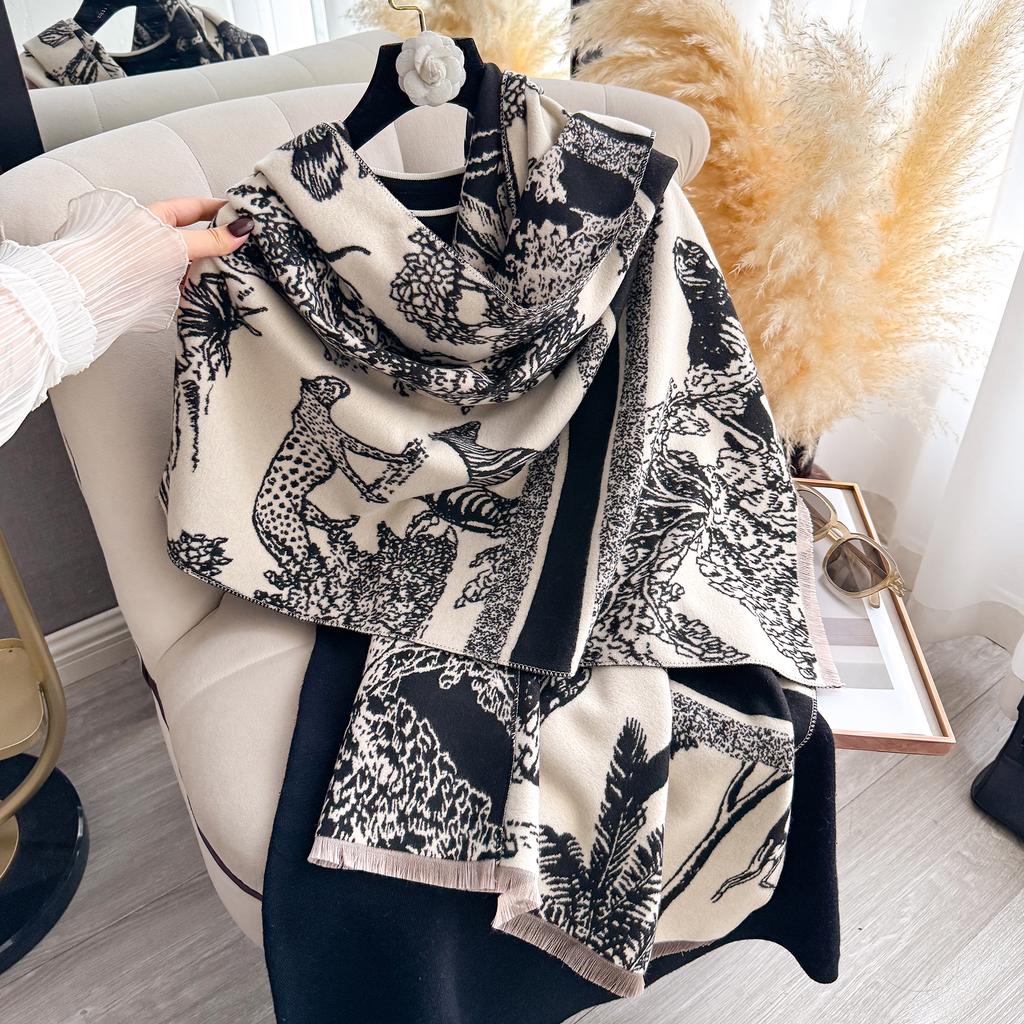 Women'S Luxury Imitation Cashmere Pashmina Scarf With Animal Prints Winter Warm Thick Blanket Wrap Shawl For Female