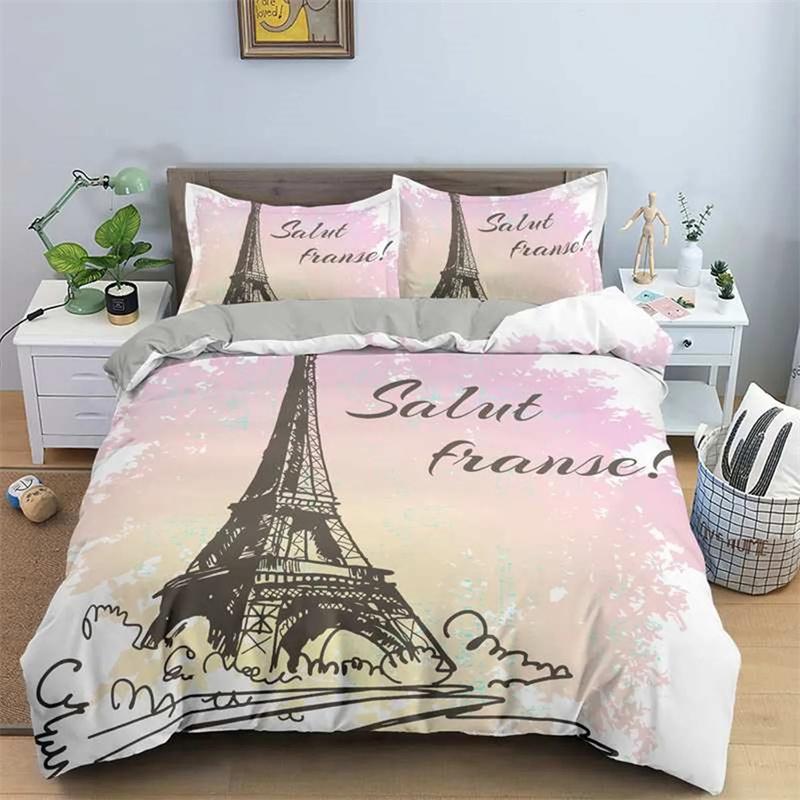 Paris Tower Duvet Cover Famous Buildings In France for Women Men Adults Pink Romantic Bedroom Decoration Polyester Quilt Cover