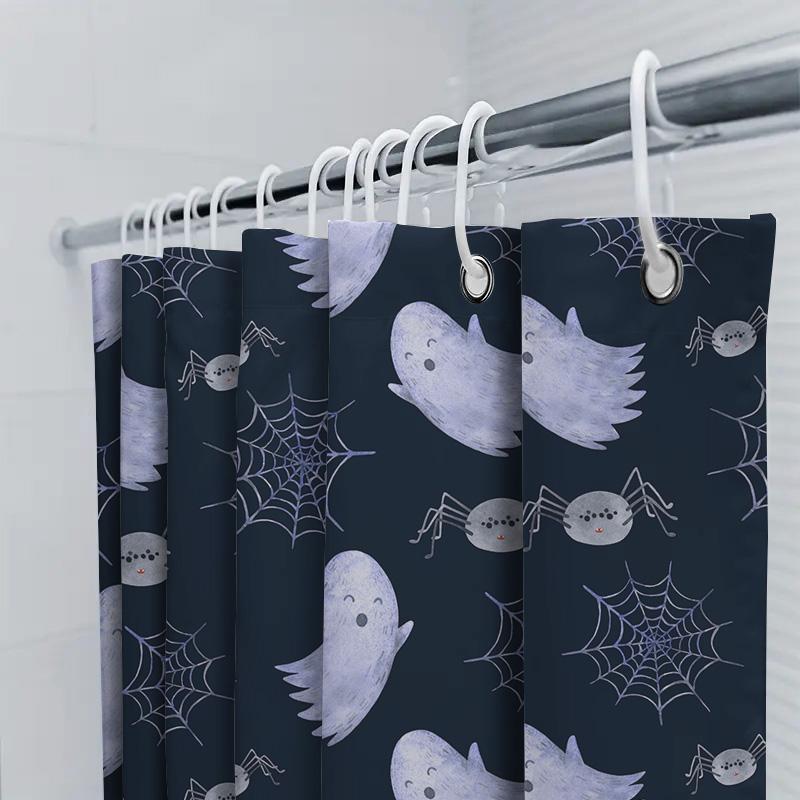 Halloween-Themed Shower Curtain Featuring Cute Ghosts And Spiders Navy Blue Waterproof Fabric For Bathroom Decor