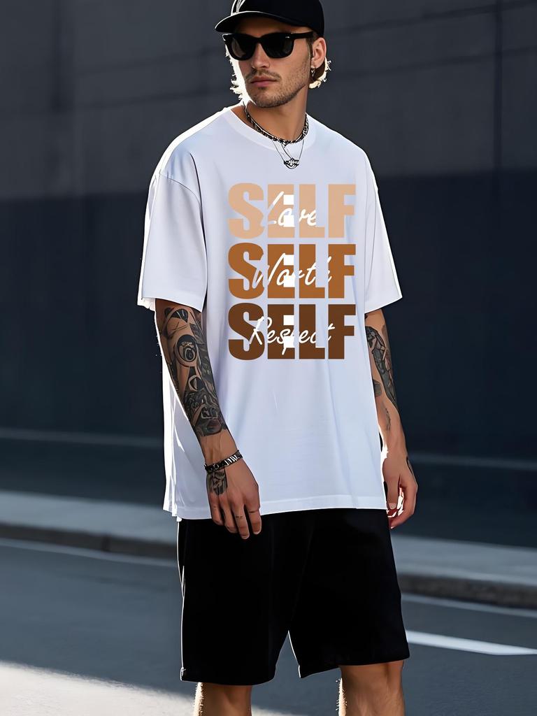 Men'S Self Love Self Worth Self Respect T-Shirt - White with Brown Vertical Self-Affirmation Print, Casual Round Neck Sh