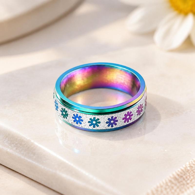 Floral Spinner Ring with Repeating Sunflower Pattern and Rotating Outer Band for Everyday Jewelry Styling and Stacking