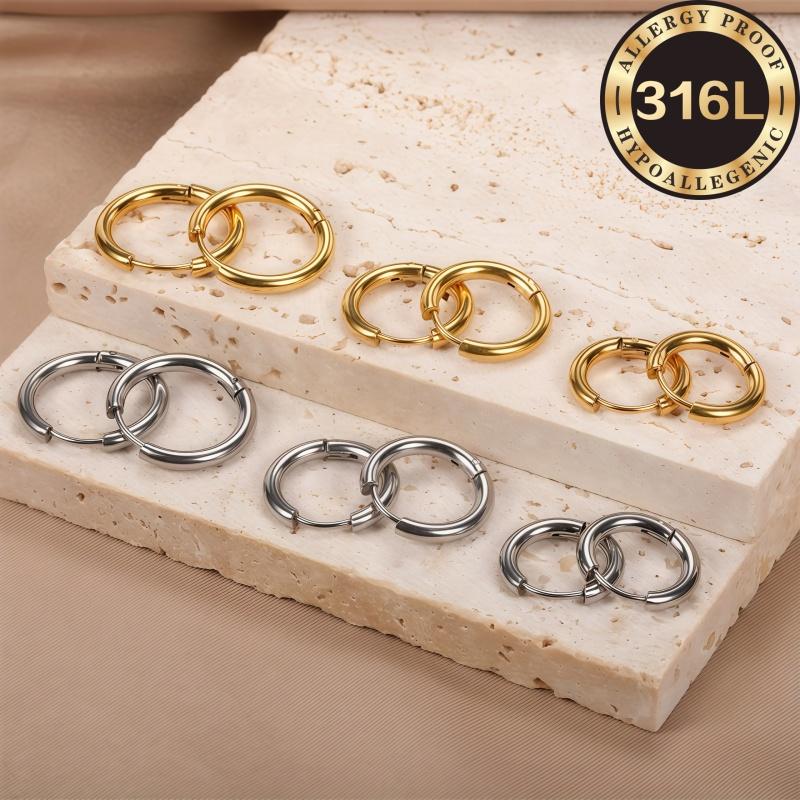 3Pairs 316L Stainless Steel Earrings for Women, 18K Gold Plated Hypoallergenic Hoop Set 8/10/12mm