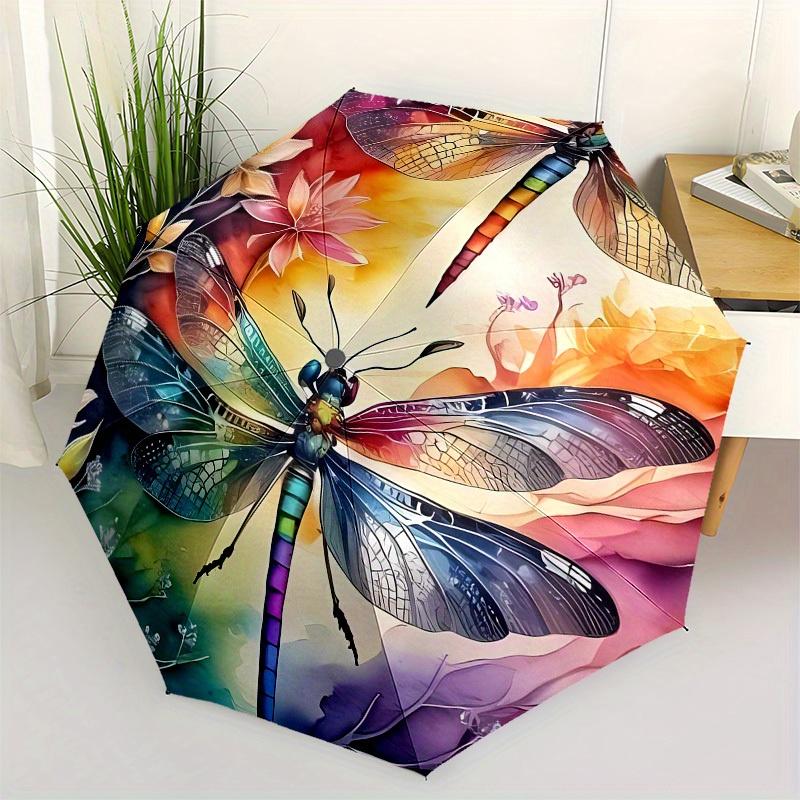 Dragonfly Flowers Nature Artwork Circular Design Umbrella with Plastic Handle, Compact  Stylish, Vibrant Cartoon Pattern, Sui