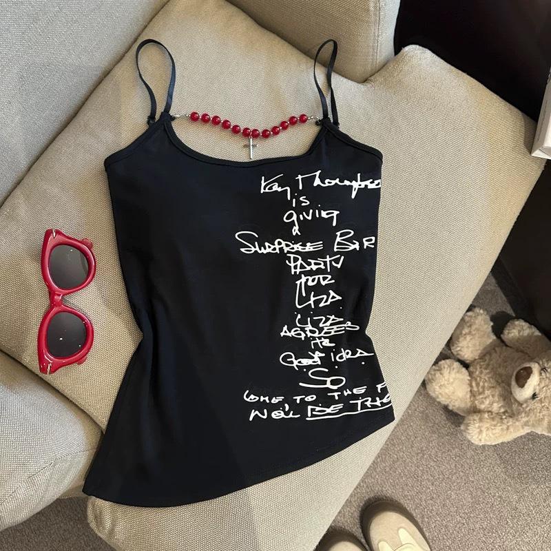 

Spicy American Letter Print Beaded Chain Crop Top Vest One Size [75-115 Jin]