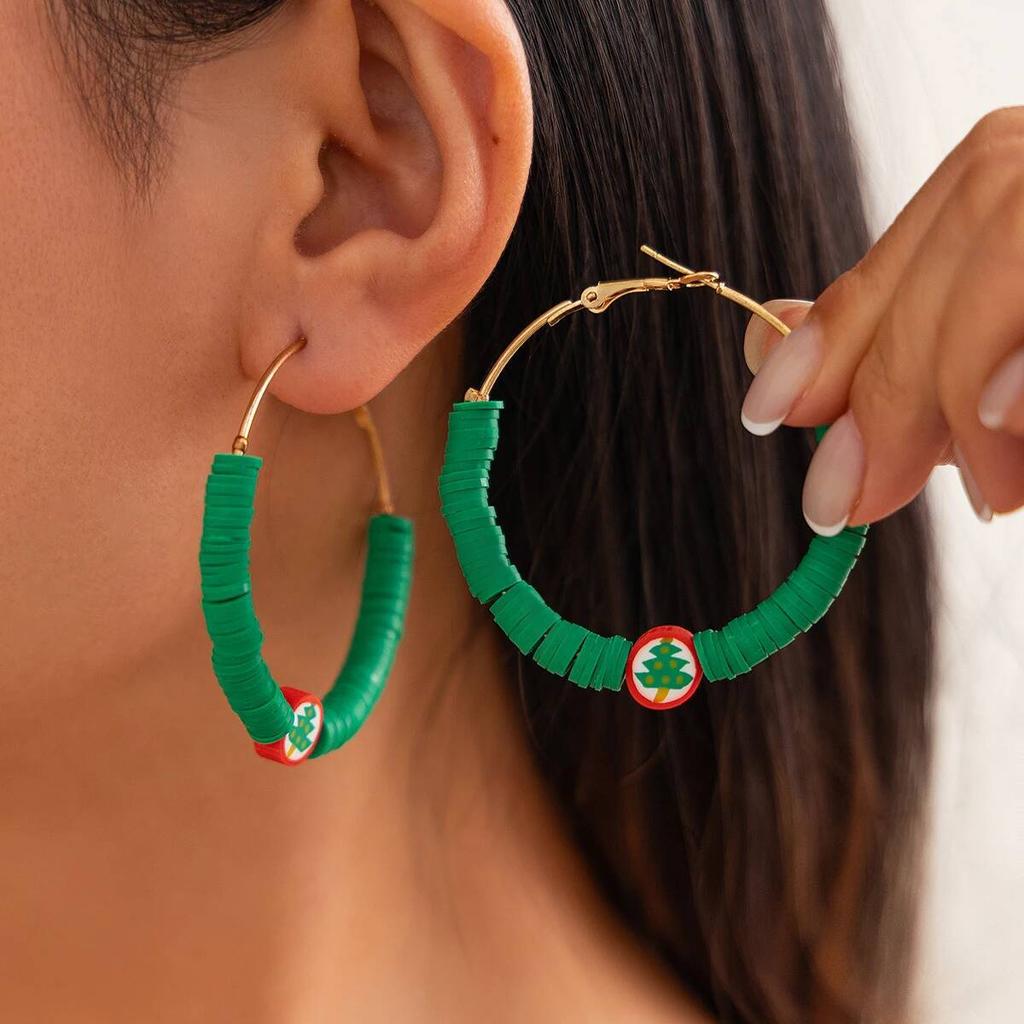 Salircon 10 Styles Romantic Cute Colorful Soft Pottery Hoop Earring Women Fashion Christmas Tree Snowman Series Ear Jewelry Gift