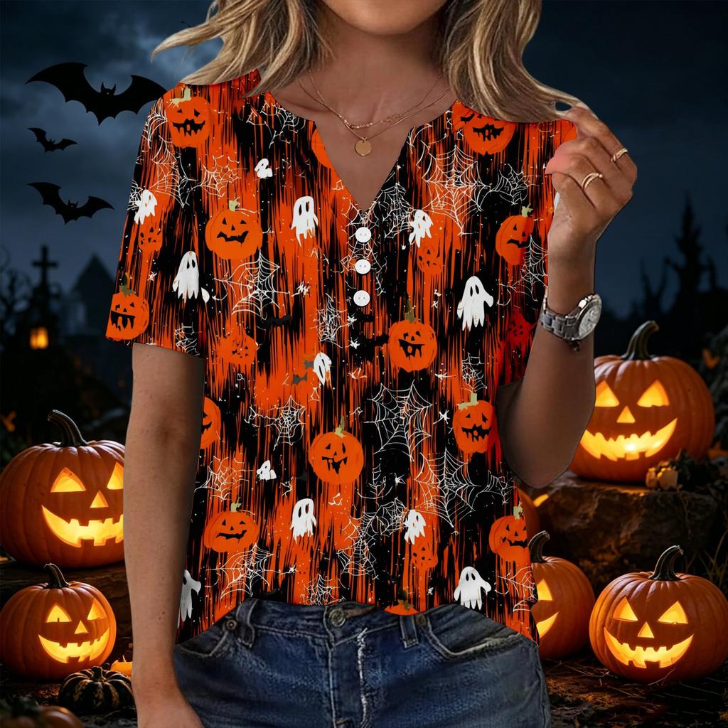 Women Halloween Print Loose Fit V Neck Short Sleeve Shirt with Pocket Casual Top for Everyday Wear
