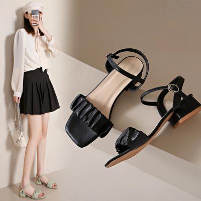 Fashion Square Heel Womens Sandals Summer New Korean Pleated Ankle Buckle Casual High Heels Sandals Simple Rome Shoes