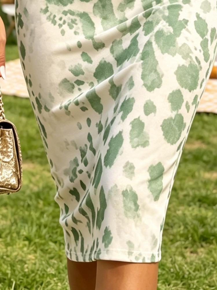 Summer Women's One Shoulder Midi Dress Tie-Dye Print Green White Bodycon Sundress