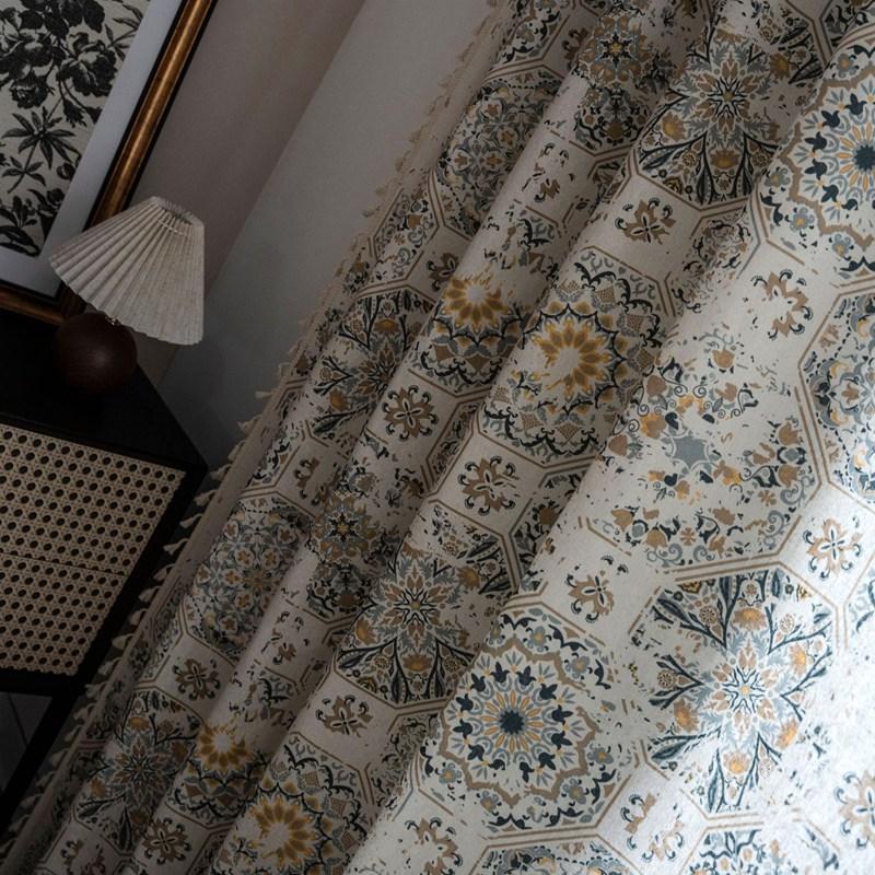 American Style Cotton Hemp Curtains Retro printed Tassel Curtains Living Room Kitchen Bedroom Drapes Float Window Semi-shading