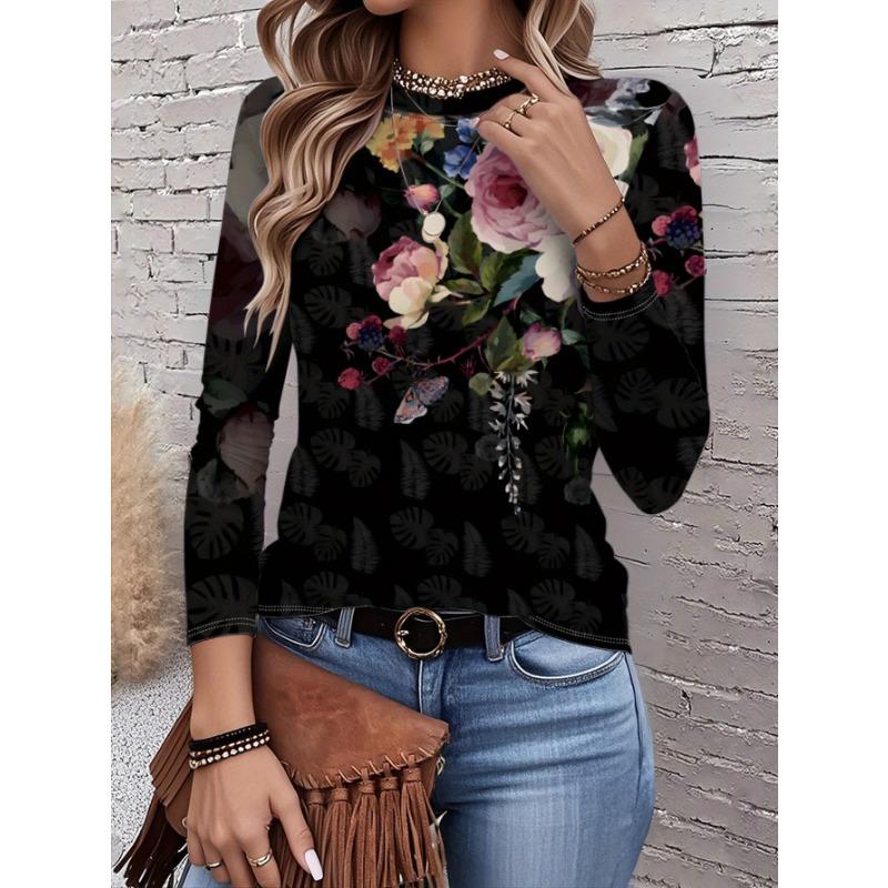 2026 New Women's Fashionable Long-Sleeved T-Shirt with Retro Floral Pattern, Perfect for Everyday Wear and Stylish Outfits